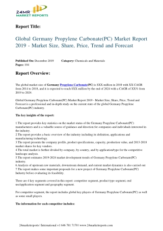 Germany Propylene CarbonatePC 2019 Business Analysis, Scope, Size, Overview, and Forecast 2024