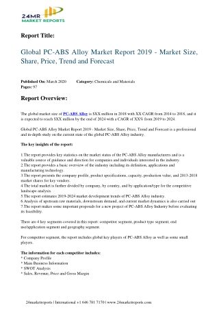 PC ABS Alloy Strategic Assessment Of Evolving Technology, Growth Analysis, Scope And Forecast To 202