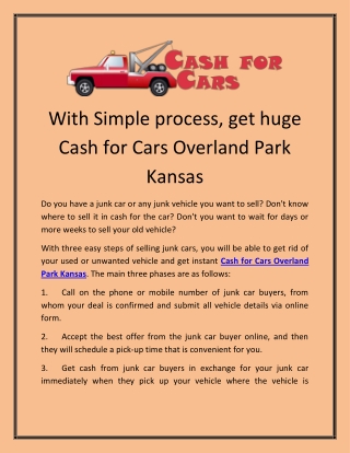 With Simple process, get huge Cash for Cars Overland Park Kansas