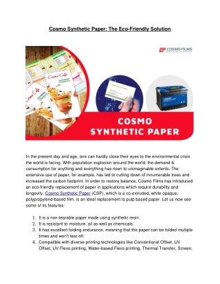 Cosmo Synthetic Paper: The Eco­-Friendly Solution