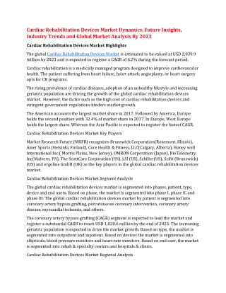 Cardiac Rehabilitation Devices Market Dynamics, Future Insights, Industry Trends and Global Market Analysis By 2023