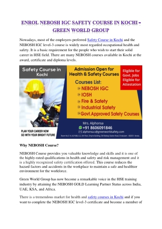 ENROL NEBOSH IGC SAFETY COURSE IN KOCHI - GREEN WORLD GROUP