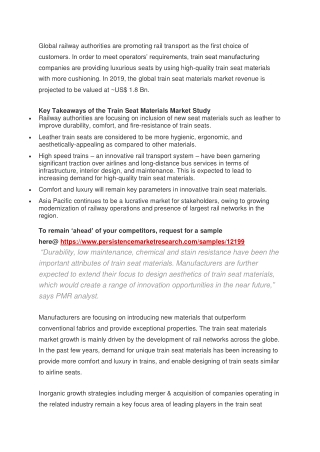 Train Seat Materials Market To Record CAGR Of 5% Increase In Revenue By 2019-2029