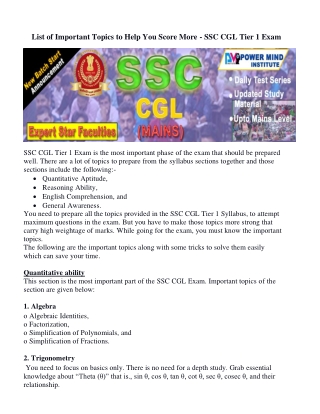 List of Important Topics to Help You Score More - SSC CGL Tier 1 Exam