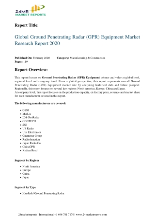 Ground Penetrating Radar (GPR) Equipment Market Research Report 2020