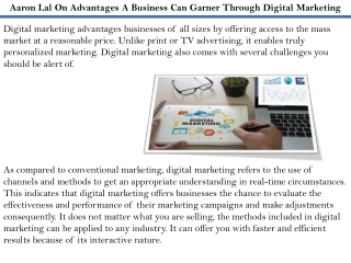 Aaron Lal On Advantages A Business Can Garner Through Digital Marketing