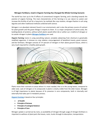 Nitrogen Fertilizers, Used in Organic Farming Has Changed the Whole Farming Scenario