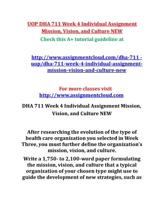 DHA 711 Week 4 Individual Assignment Mission, Vision, and Culture NEW