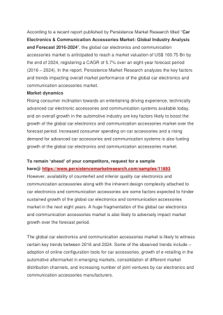 Car Electronics And Communication Accessories Market To Register A Stellar Growth Rate Of CAGR of 5.7% During 2016–2024