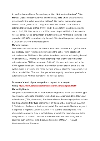 Automotive Cabin Ac Filter Market To Record CAGR of 6.9% Rise In Growth By 2016–2024