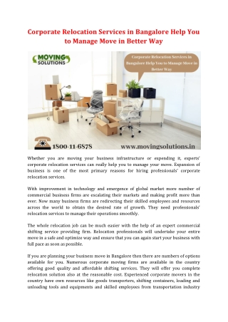 Corporate Relocation Services in Bangalore Help You to Manage Move in Better Way