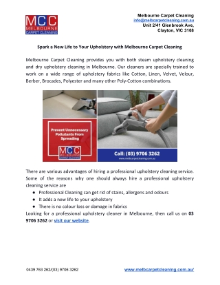 Spark a New Life to Your Upholstery with Melbourne Carpet Cleaning