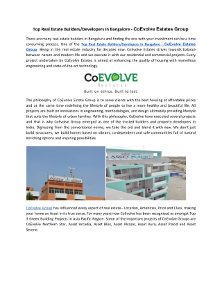 Top Real Estate Builders/Developers In Bangalore - CoEvolve Estates Group