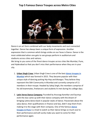 Top 5 Famous Dance Troupes across Metro Cities