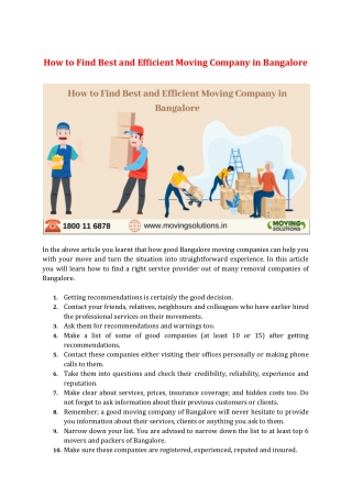 How to Find Best and Efficient Moving Company in Bangalore