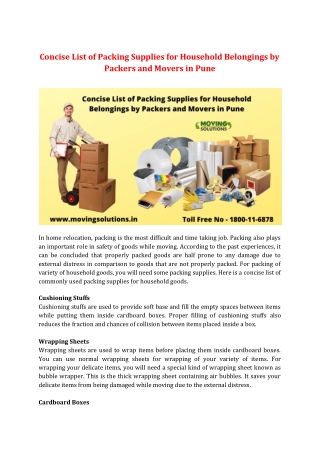 Concise List of Packing Supplies for Household Belongings by Packers and Movers in Pune
