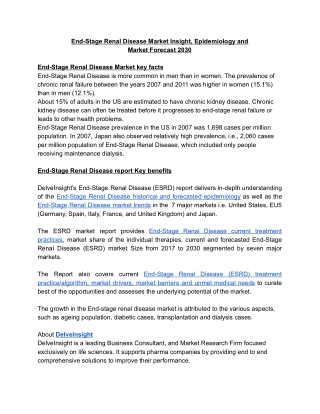 End-Stage Renal Disease Market Insight, Epidemiology and  Market Forecast 2030