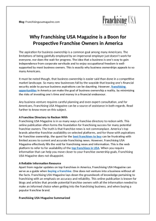 Why Franchising USA Magazine is a Boon for Prospective Franchise Owners in America