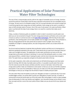 Practical Applications of Solar Powered Water Filter Technologies