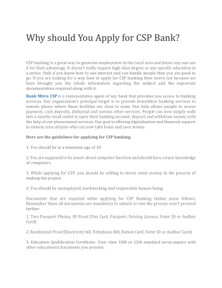 Apply for CSP Bank | Read about Benefits of Becoming CSP