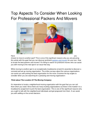 Top Aspects To Consider When Looking For Professional Packers And Movers