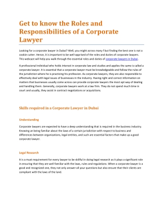 Get to know the Roles and Responsibilities of a Corporate Lawyer