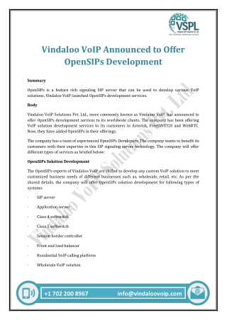 Vindaloo VoIP Announced to Offer OpenSIPs Development