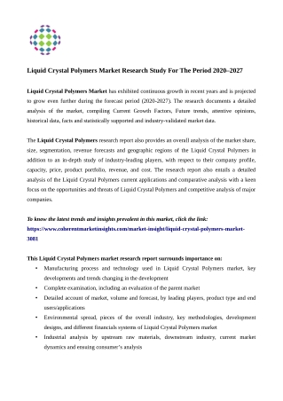 Liquid Crystal Polymers Market to Witness Rapid Increase in Consumption During 2027
