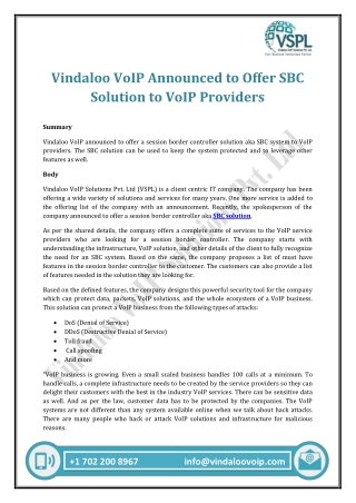 Vindaloo VoIP Announced to Offer SBC Solution to VoIP Providers