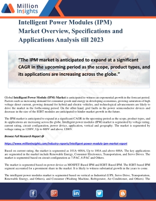 Intelligent Power Modules (IPM) Market Overview, Specifications and Applications Analysis till 2023