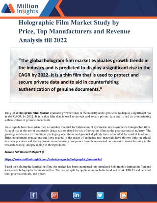 Holographic Film Market Study by Price, Top Manufacturers and Revenue Analysis till 2022