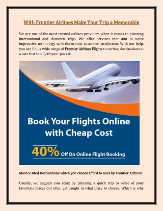 With Frontier Airlines Make Your Trip a Memorable