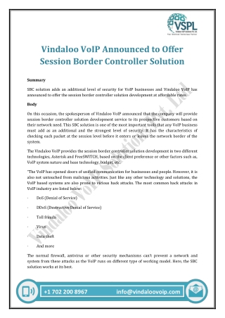 Vindaloo VoIP Announced to Offer Session Border Controller Solution