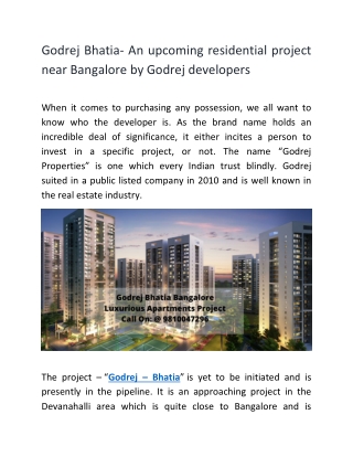 Godrej Bhatia- An upcoming residential project near Bangalore by Godrej developers