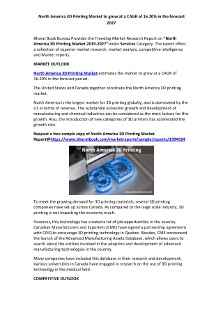 North America 3D Printing Market Research Report Forecast to 2027