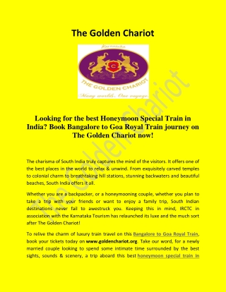 Honeymoon Special Train in India with IRCTC Golden Chariot