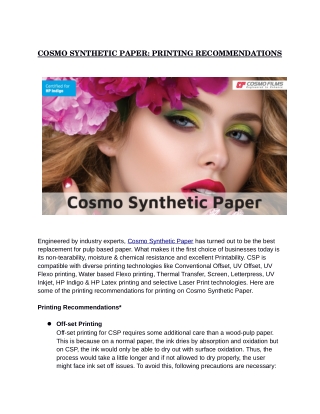 COSMO SYNTHETIC PAPER: PRINTING RECOMMENDATIONS