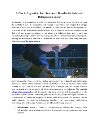 ALTA Refrigeration, Inc.: Renowned Brand in the Industrial Refrigeration Sector