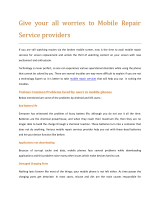 Give your all worries to Mobile Repair Service providers