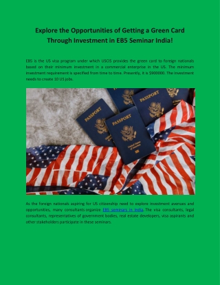Explore the Opportunities of Getting a Green Card Through Investment in EB5 Seminar India!