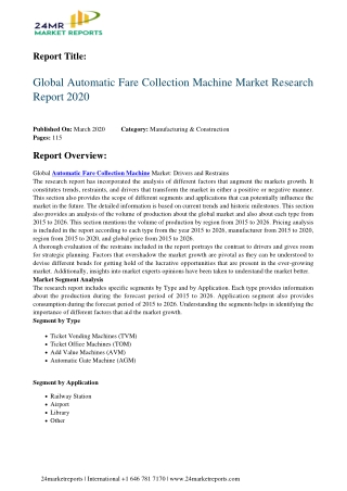 Automatic Fare Collection Machine Strategic Assessment Of Evolving Technology, Growth Analysis, Scop