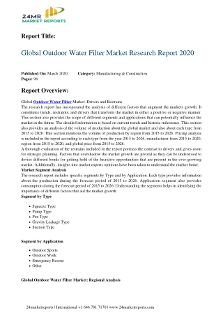 Outdoor Water Filter 2020 Business Analysis, Scope, Size, Overview, and Forecast 2026