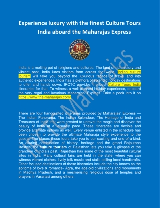 Experience luxury with the finest Culture Tours India aboard the Maharajas Express