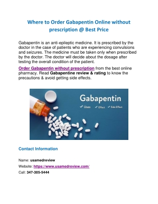 Where to Order Gabapentin Online without prescription @ Best Price