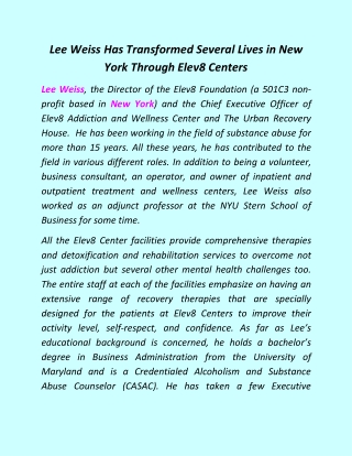 Lee Weiss Has Transformed Several Lives in New York Through Elev8 Centers