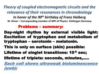 Problems – summary : Day- night rhythm by external visible light : Excitation of tryptophan and metabolism of tryptoph