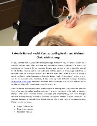 Lakeside Natural Health Centre- Leading Health and Wellness Clinic in Mississauga