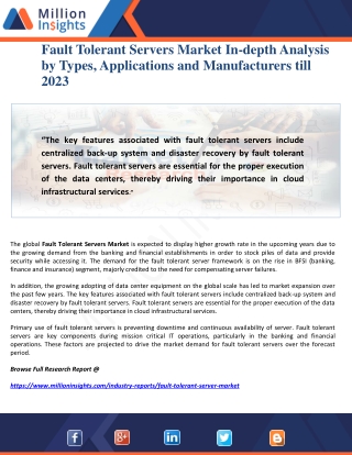 Fault Tolerant Servers Market In-depth Analysis by Types, Applications and Manufacturers till 2023