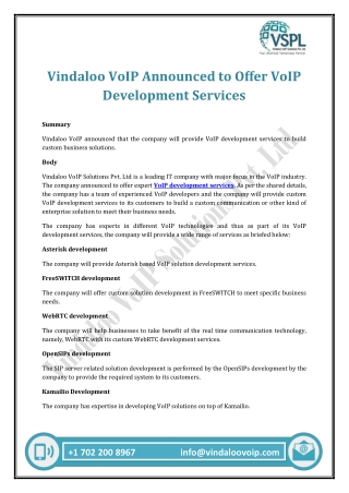 Vindaloo VoIP Announced to Offer VoIP Development Services