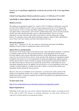 Global Yeast Ingredients Market predicted to garner a CAGR above 8% by 2025